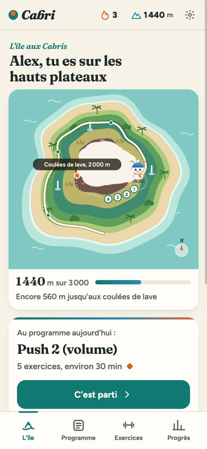 Écran d'accueil de Cabri : la carte de l'île, avec la chèvre sur les hauts plateaux, et la séance du jour.