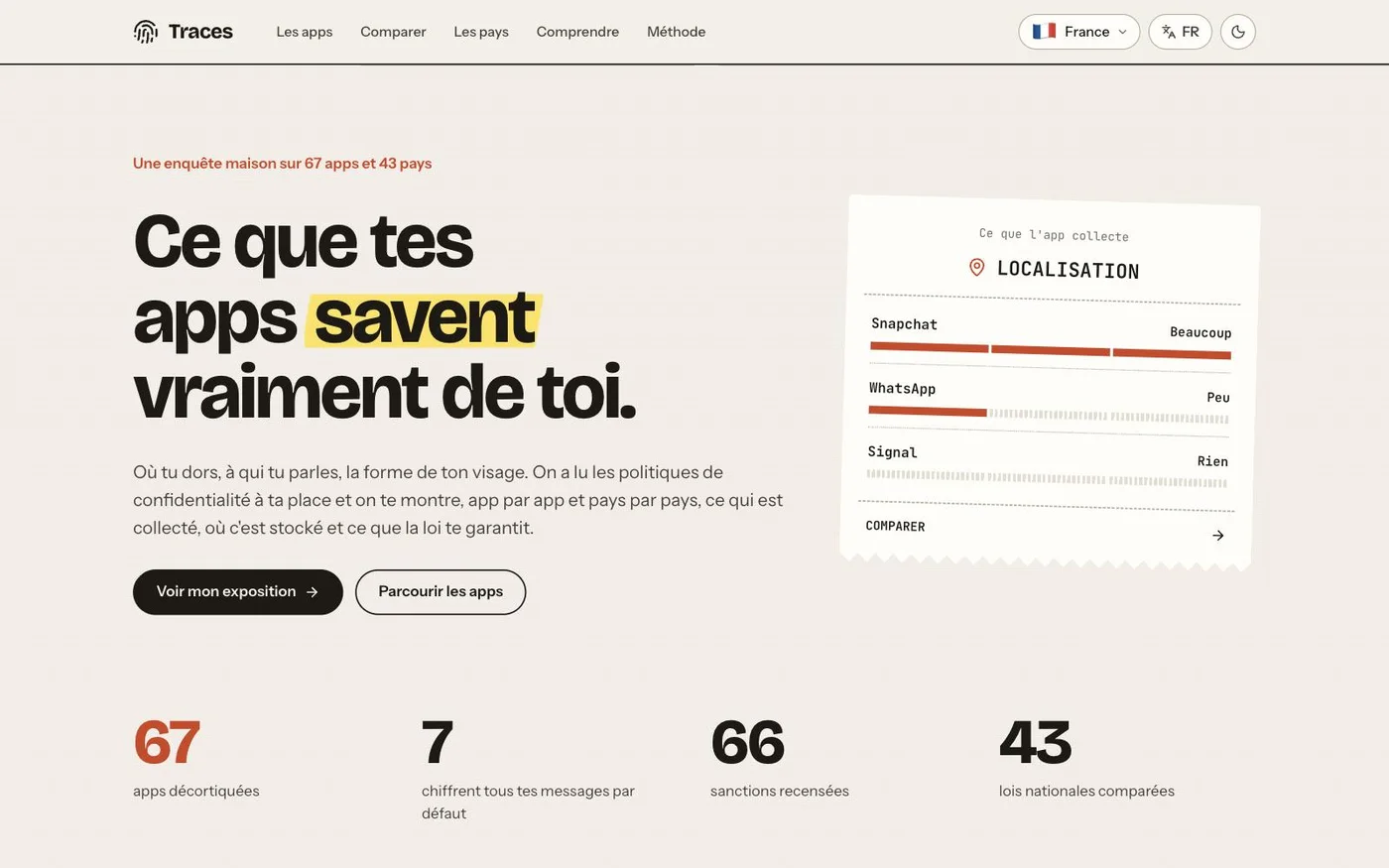 Accueil de Traces : ce que tes apps savent vraiment de toi, avec la comparaison de la localisation collectée par Snapchat, WhatsApp et Signal.